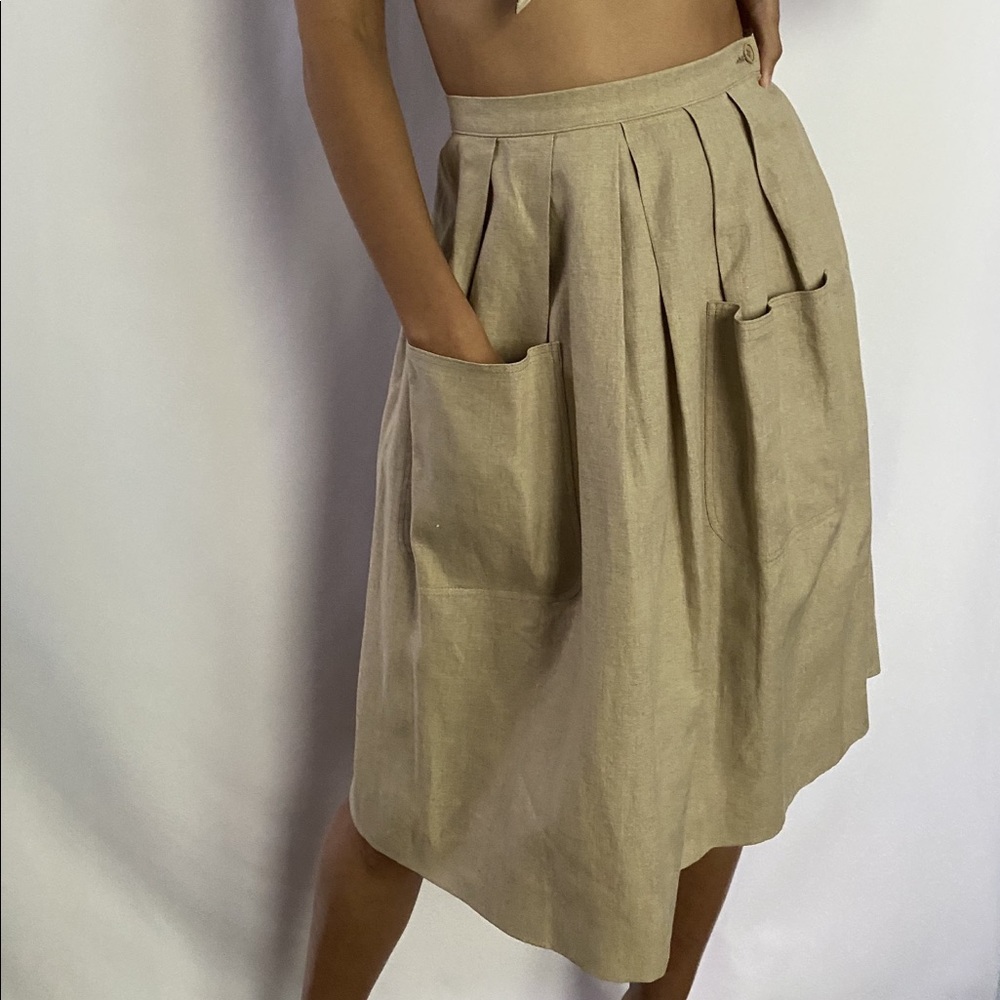 VALENTINO TAN LINEN PLEATED MIDI SKIRT - SIZE S - Picture 2 of 2